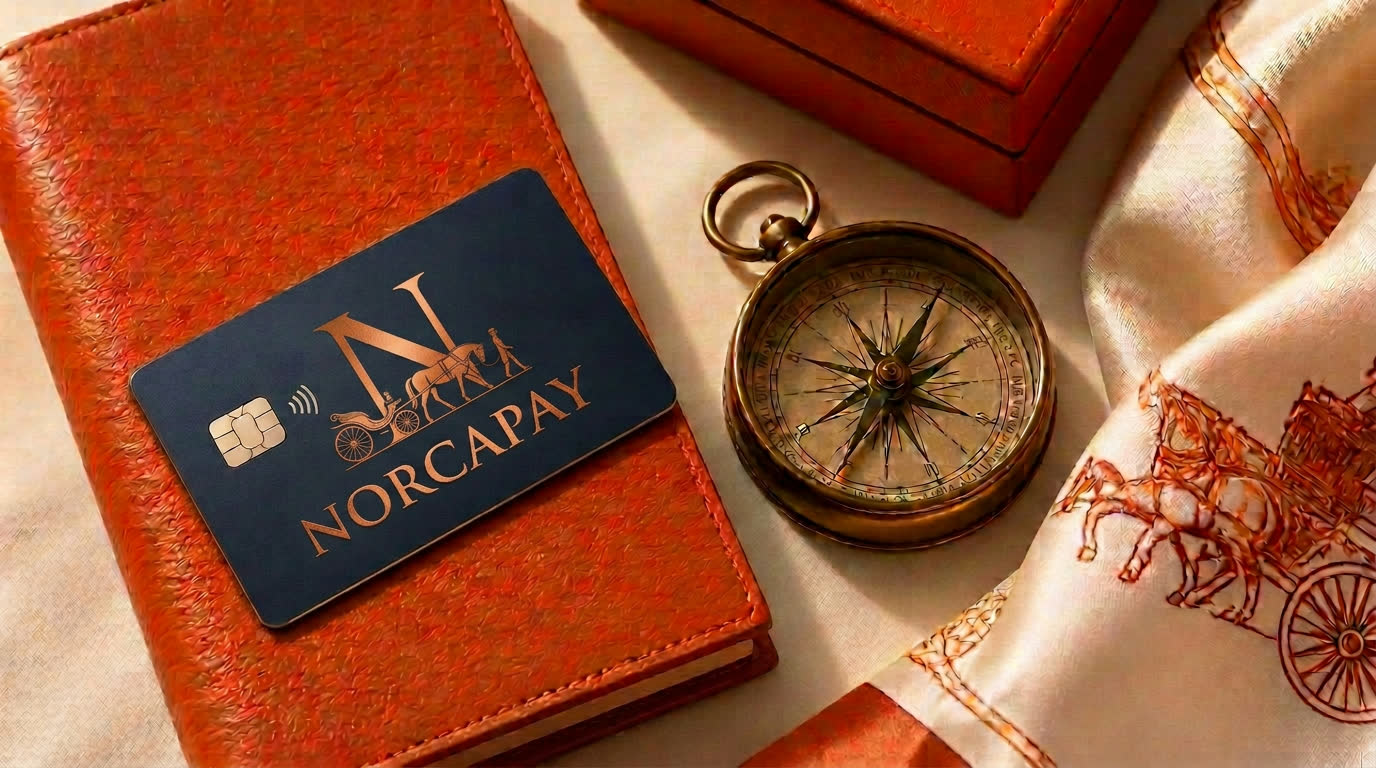 Norcapay card, brass compass and orange leather goods arranged on cream linen