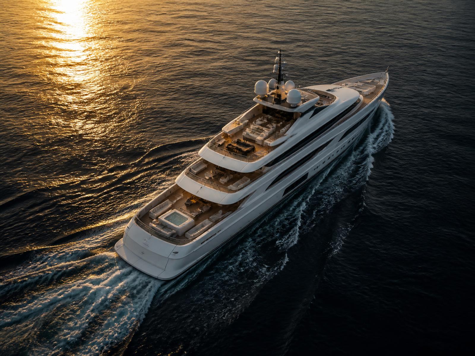 Superyacht at sea during golden hour